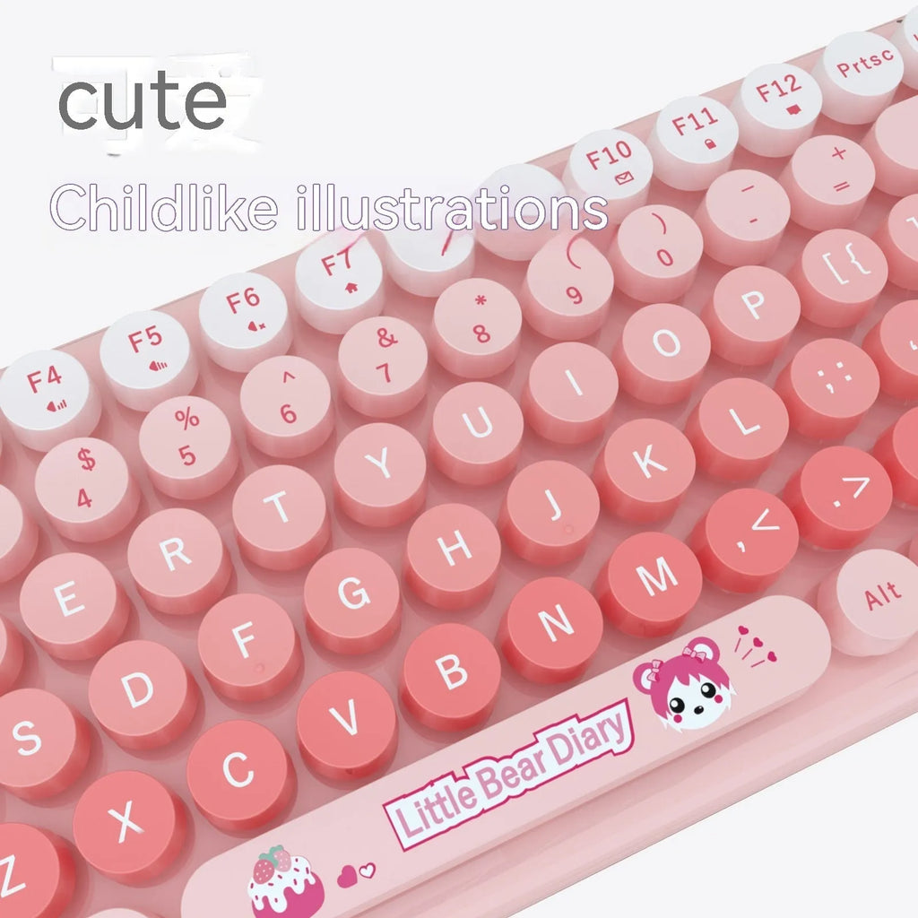 Pink mini wireless keyboard and mouse set with cartoon design on 43.5 cm compact keyboard