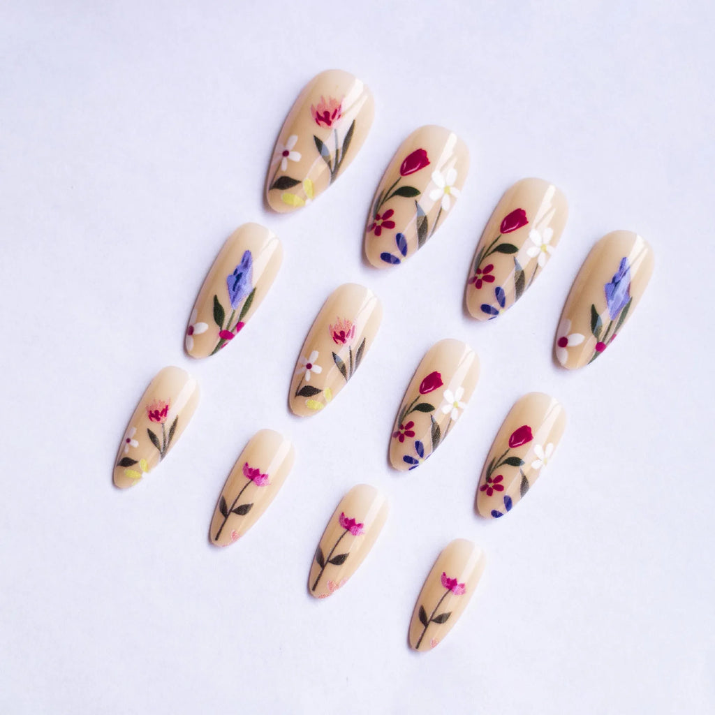 Almond-shaped removable flower nail art set with rose pattern in solid colour base, available with bare strip or jelly glue accessories