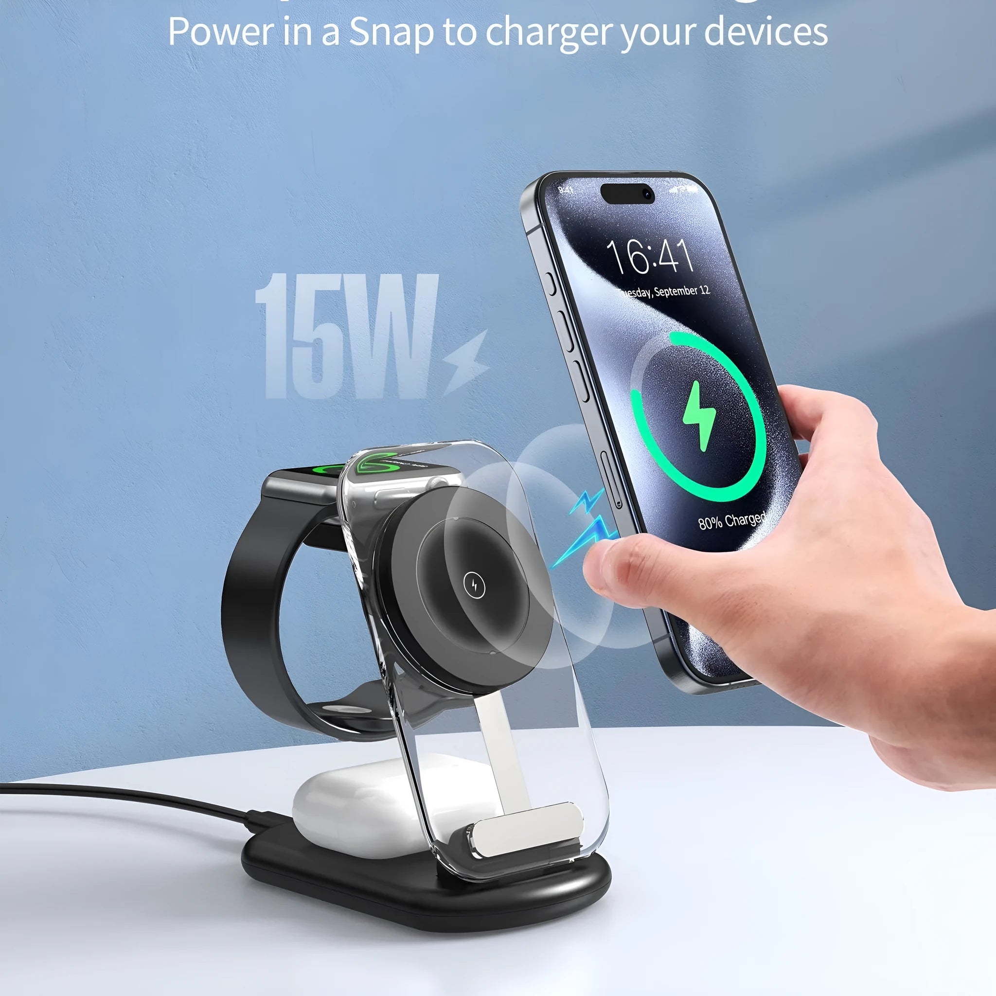 Transparent folding magnetic wireless charger showing internal components with QC3.0 fast charging
