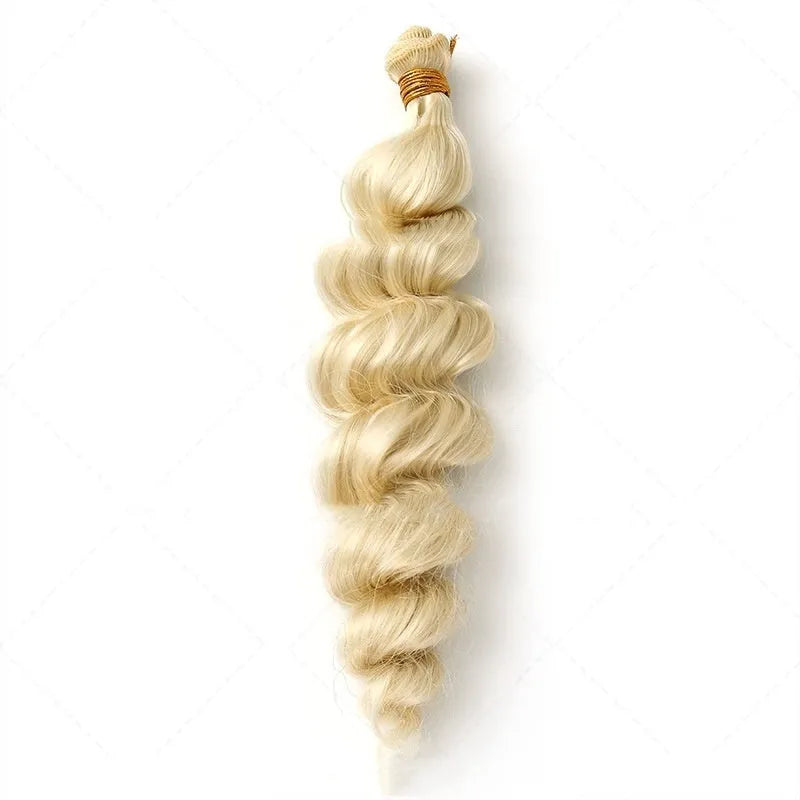 Golden synthetic hair weft wig in three lengths: 18in, 20in, and 22in