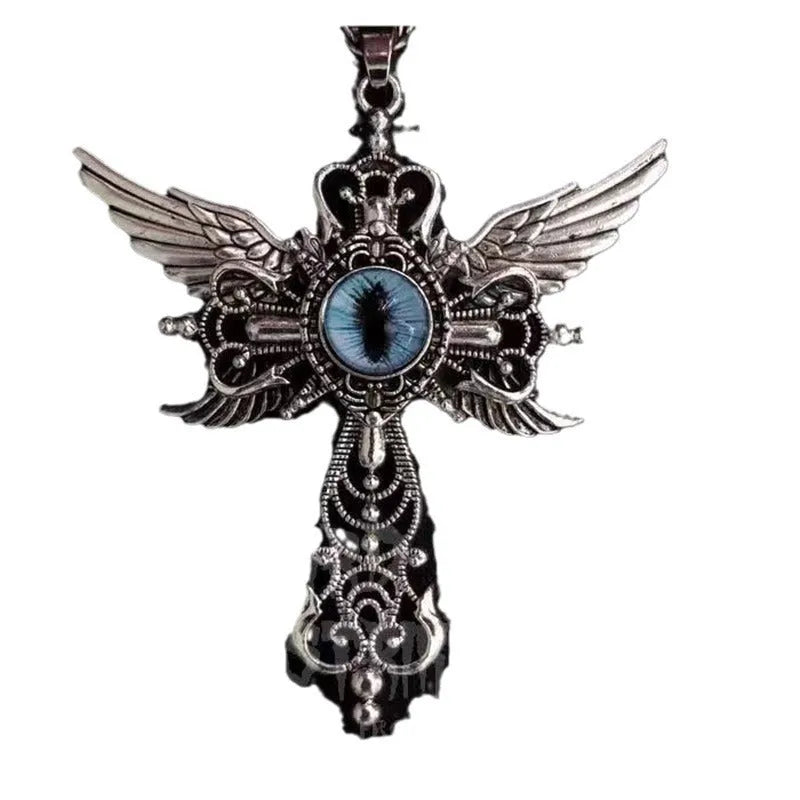 Close-up of a blue alloy necklace featuring a geometric cross pendant with detailed devil wings.