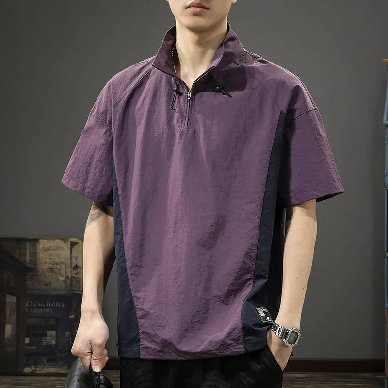 Men's brown half-zip stand collar business shirt with short sleeves and loose fit