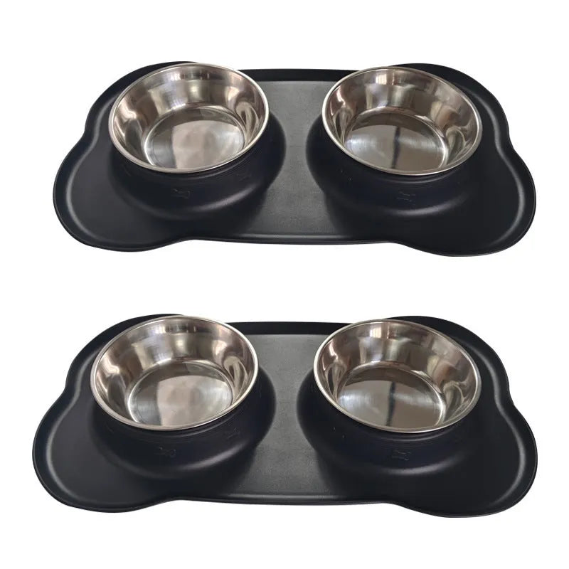Large silicone double dog bowl with stainless steel food and water compartments in blue colour