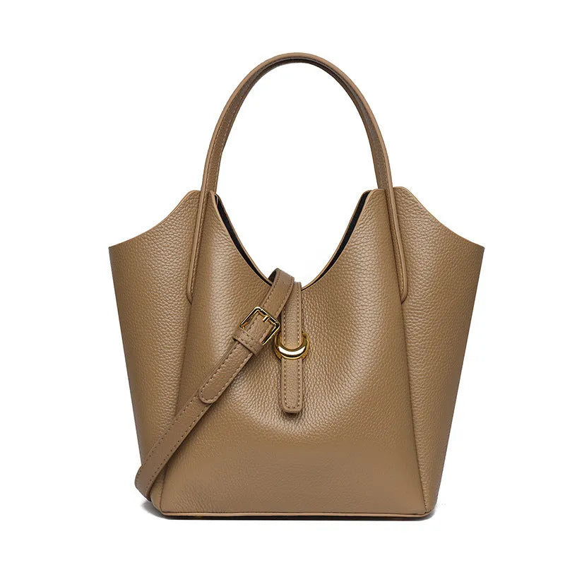 Genuine leather women's bucket bag in European and American retro style with file organisation