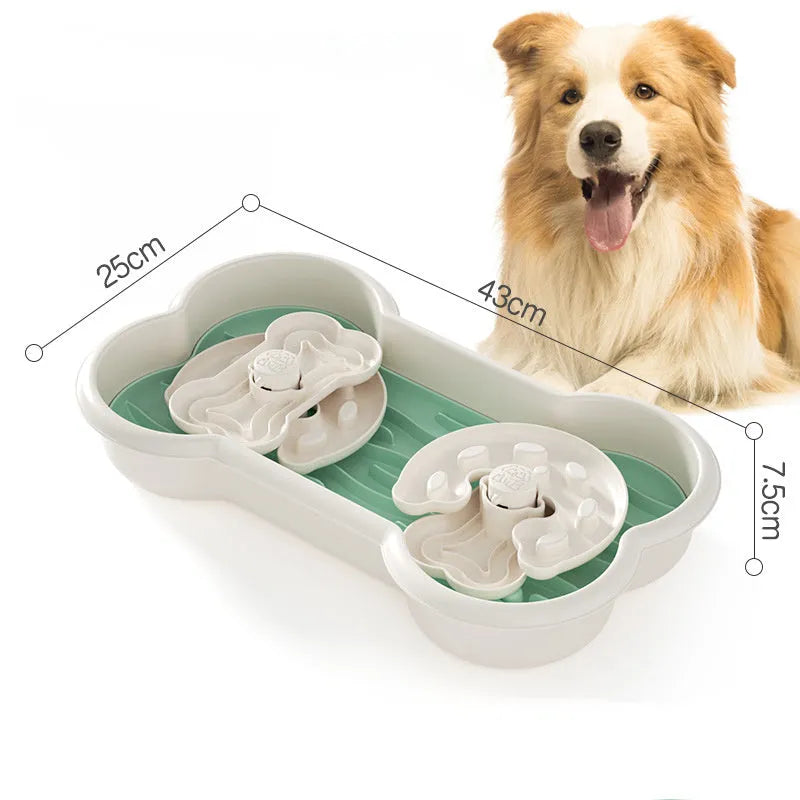 Large green slow feeder dog bowl with three rotating puzzle trays for dry and wet food