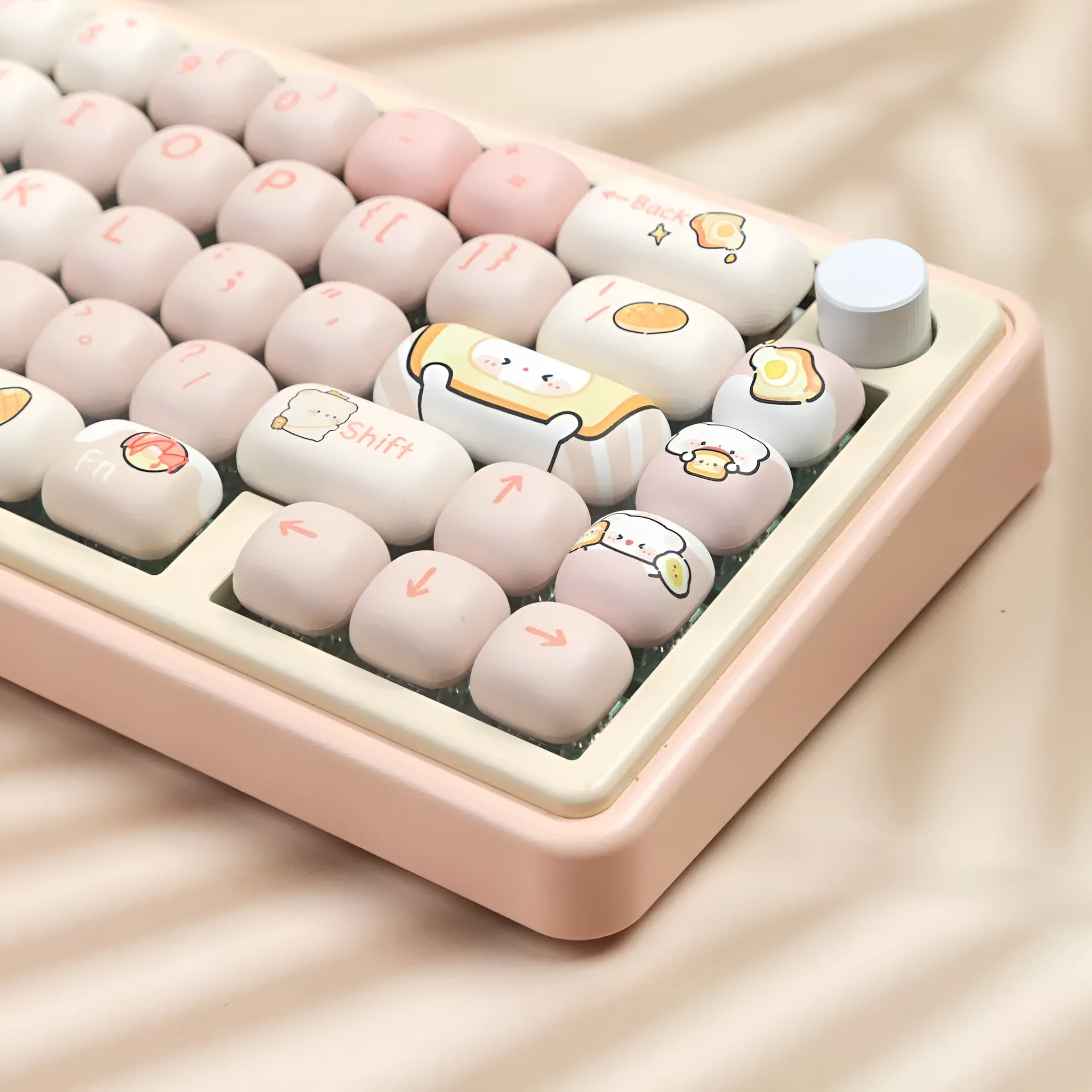 MOG Steamed Bread PBT key cap full set showing bread bear character designs on mechanical keyboard keys
