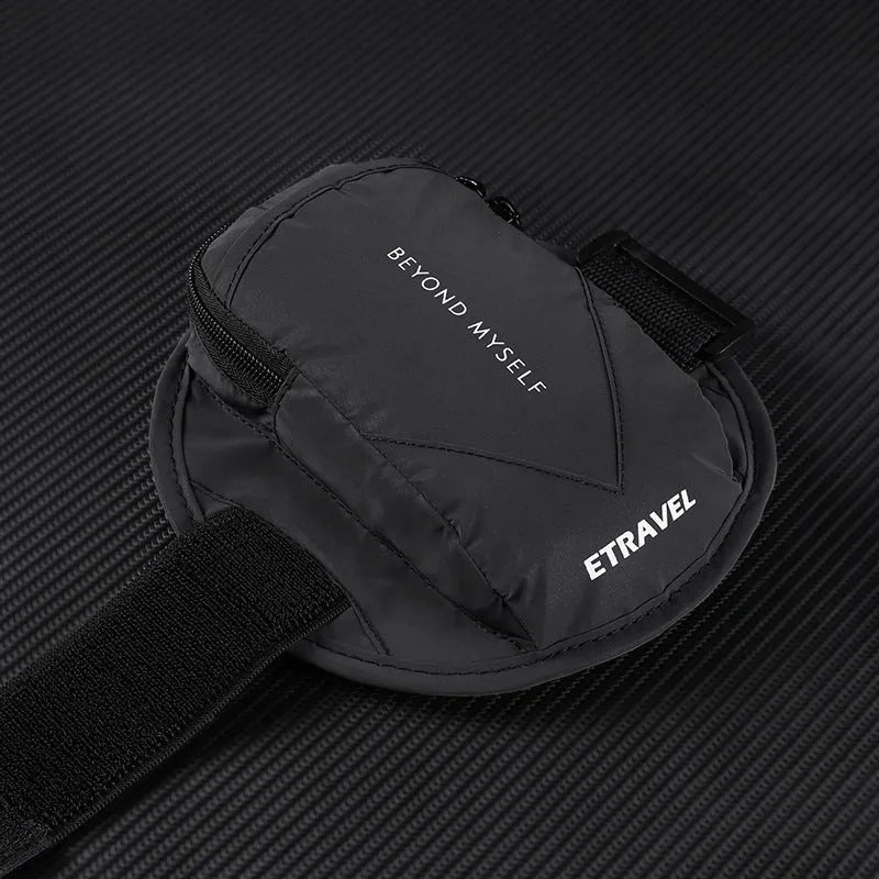 Running arm bag with reflective strips showing 7-inch capacity and polyester lining