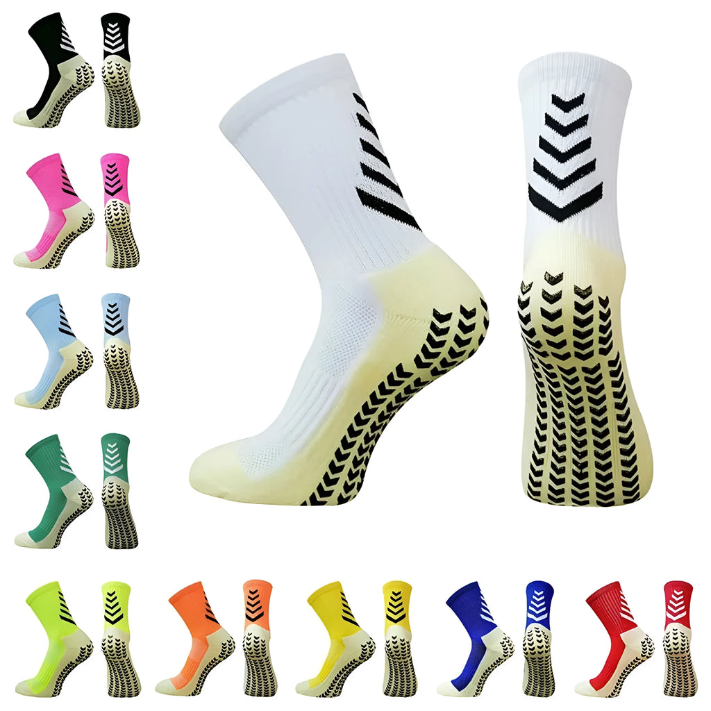 Men's athletic mid-calf socks with geometric pattern and silicone grip dots on sole.