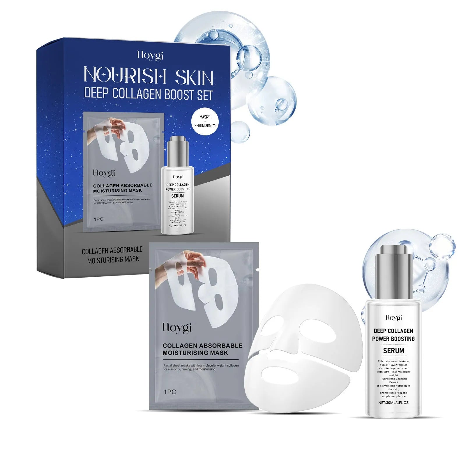 Collagen moisturising facial mask set with 30ml essence bottle for skin hydration treatment