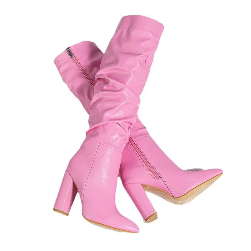 Pointed long women's high heel boots in solid colour with side zipper, super high heel above 8cm, artificial PU upper.