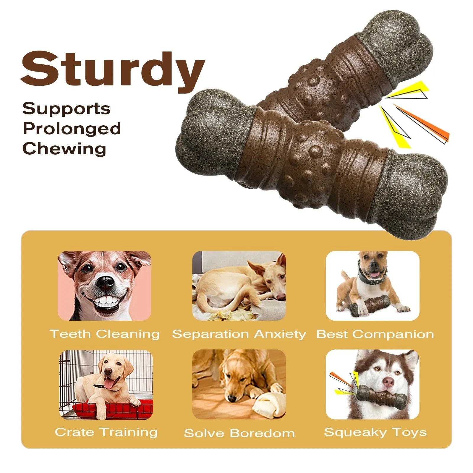Wood-coloured plastic bone-shaped dog toy with textured molar rod design for chewing and teeth cleaning.