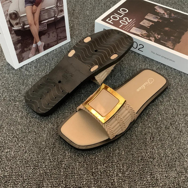 Women's summer flat slippers in apricot, black and khaki colours with waterproof PVC non-slip soles