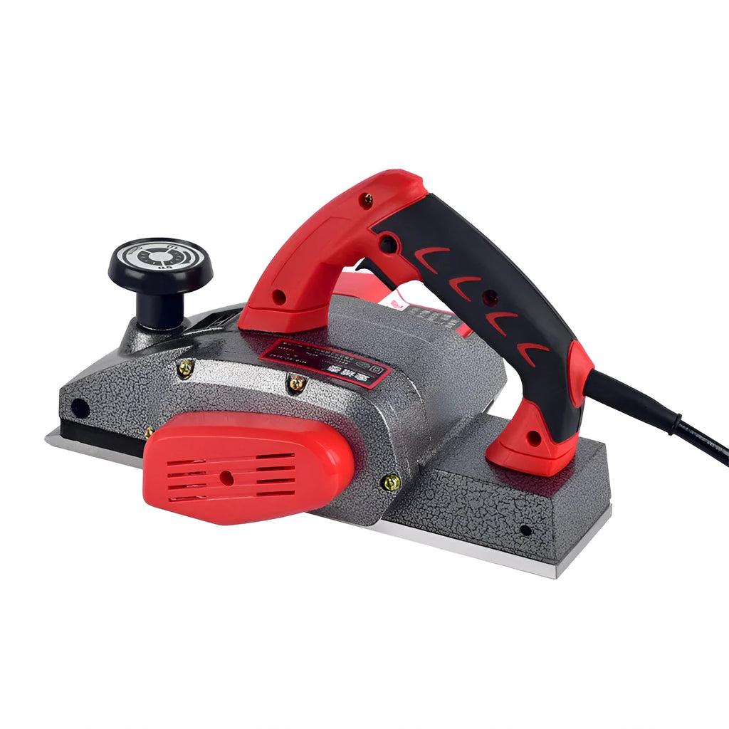 Red aluminium-shell electric wood planer with 82mm planing width on workbench