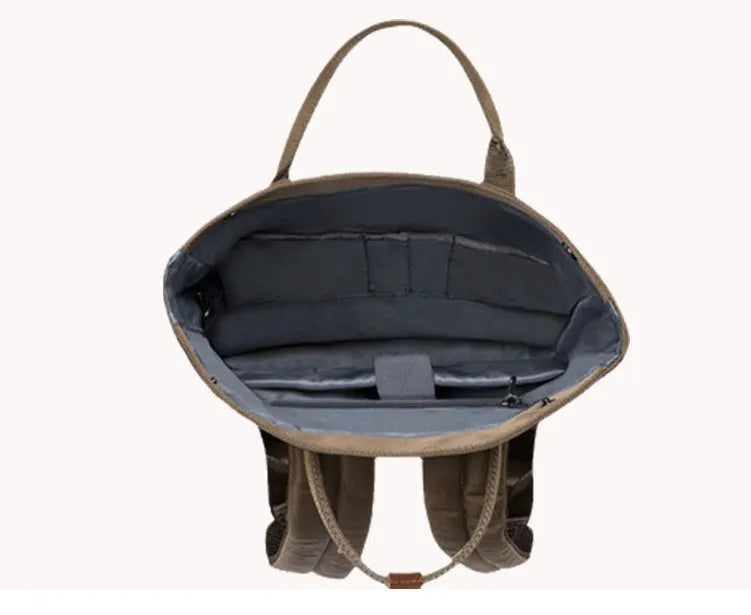 Casual polyester backpack in black, shown with cover open revealing internal laptop pocket and organiser.