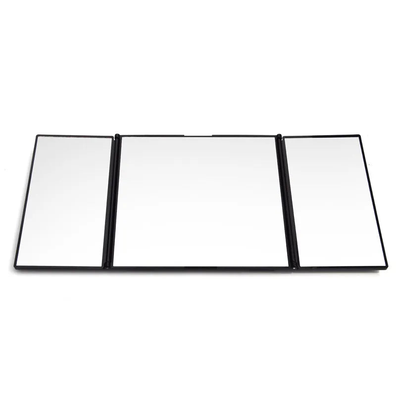 Silver car visor folding makeup mirror showing opened and closed positions