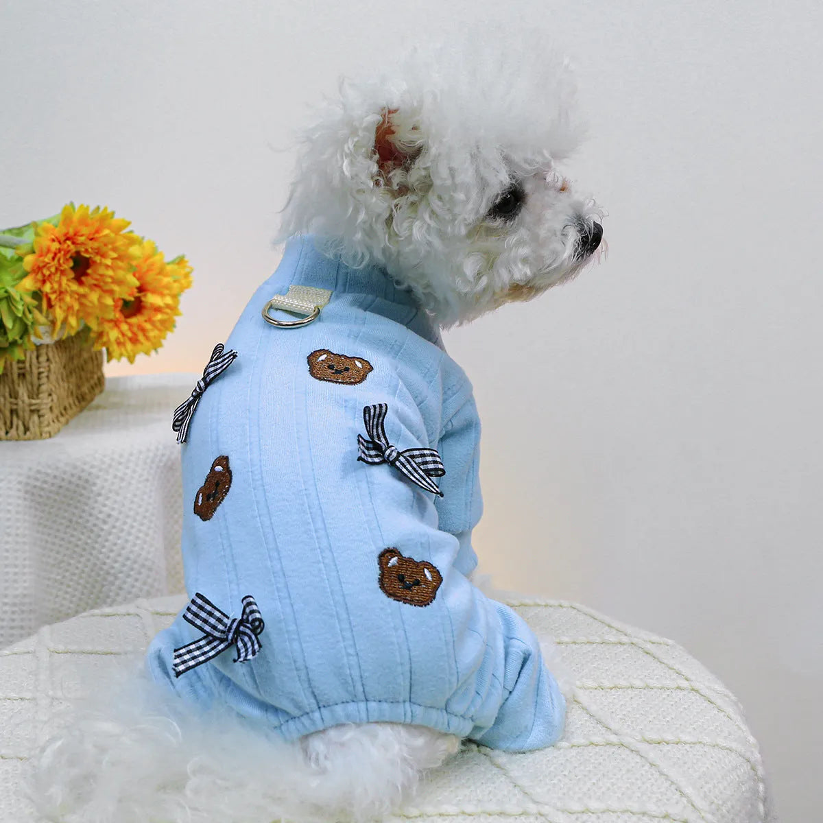 Pet belly-wrap four-legged polyester outfit in various colours including banana, Halloween, and Christmas patterns