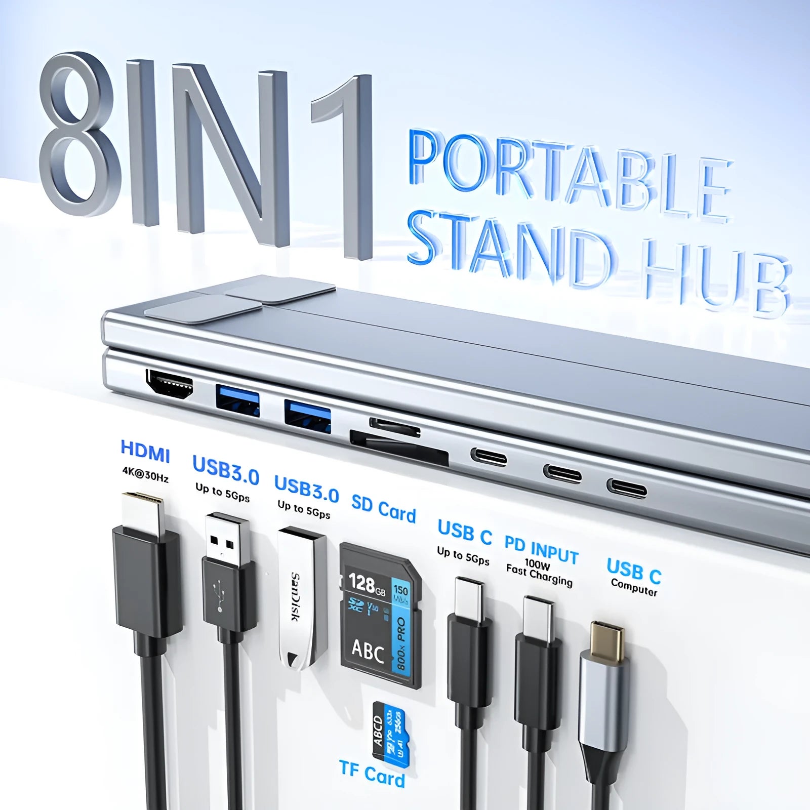 Silver aluminum alloy folding laptop stand with 8-in-1 HDMI docking station ports visible