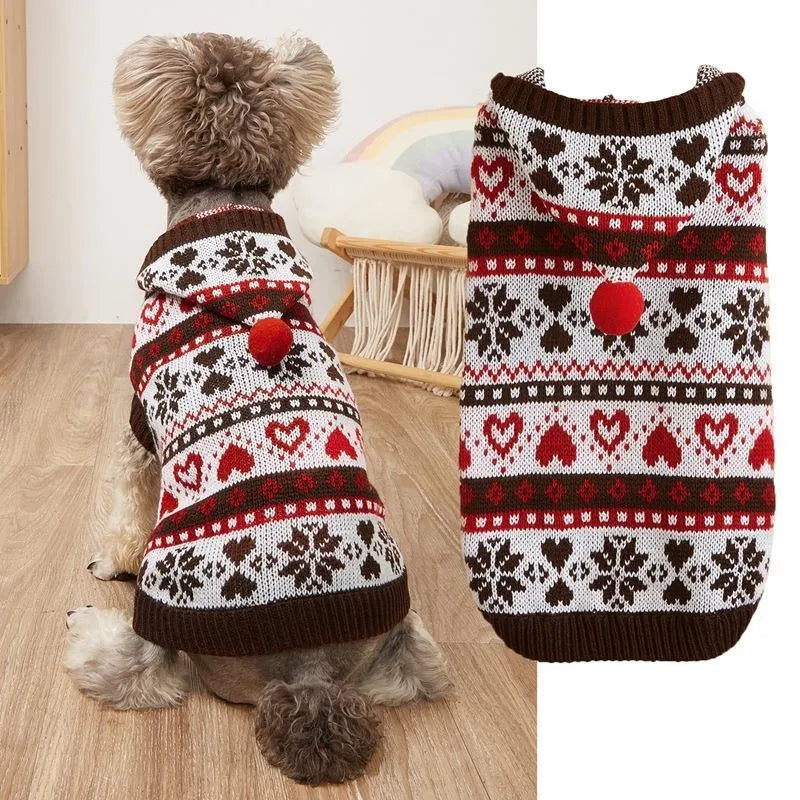 Knitted dog sweater with snowflake pattern and striped camouflage design in acrylic material