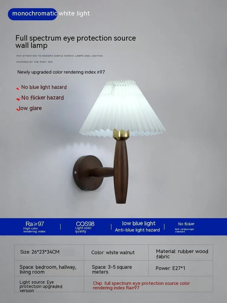 American retro wall lamp with walnut wood finish and fabric lampshade in tri-colour lighting option
