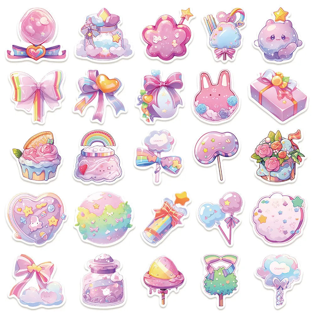Pack of fresh candy themed cute waterproof decorative stickers, showing varied small object designs between 4 and 7 cm in size.