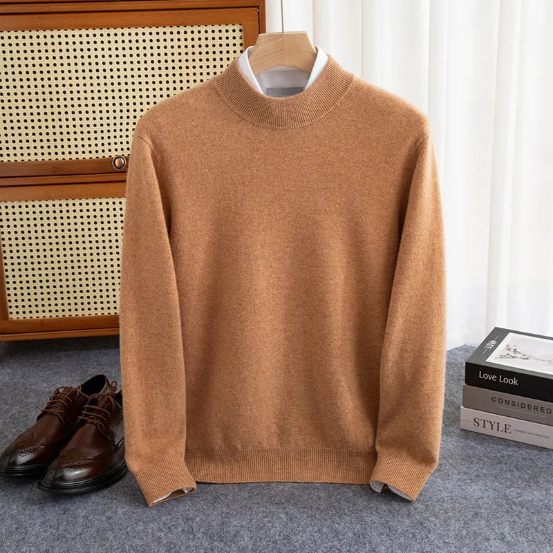 Man wearing a loose-fit half-collar wool sweater in a winter business casual style.