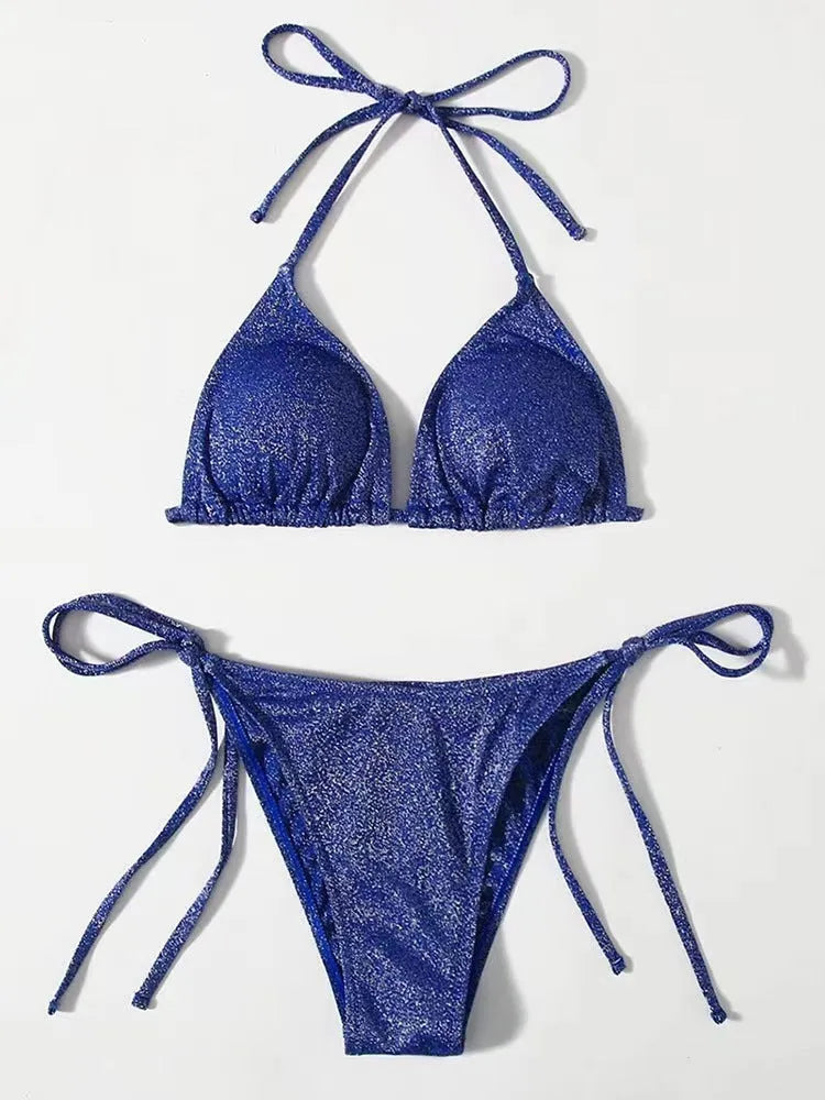 Women's split bandage bikini swimsuit in polyester fabric showing colour options and size range