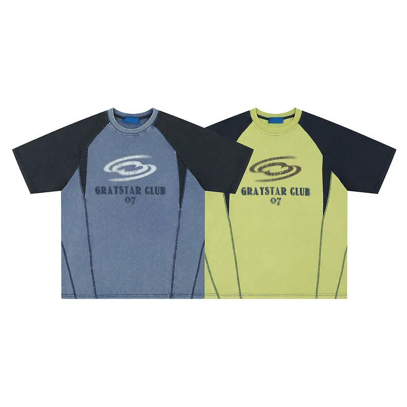 Blue men's hip hop letter print cotton t-shirt with raglan sleeves in loose fit style