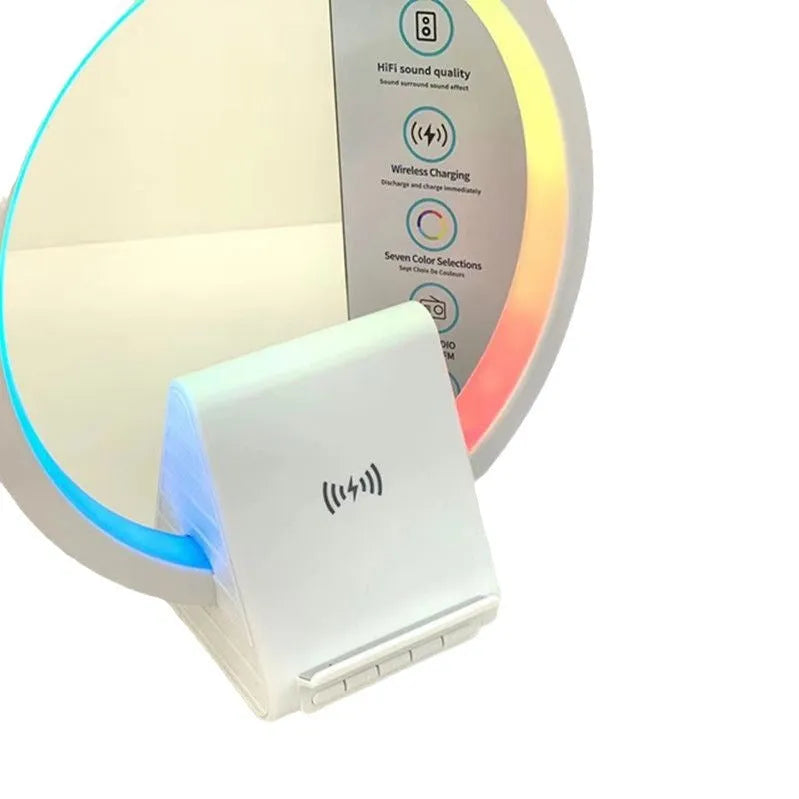 White smart Bluetooth speaker with integrated ambient light and 15W wireless charging pad on top.