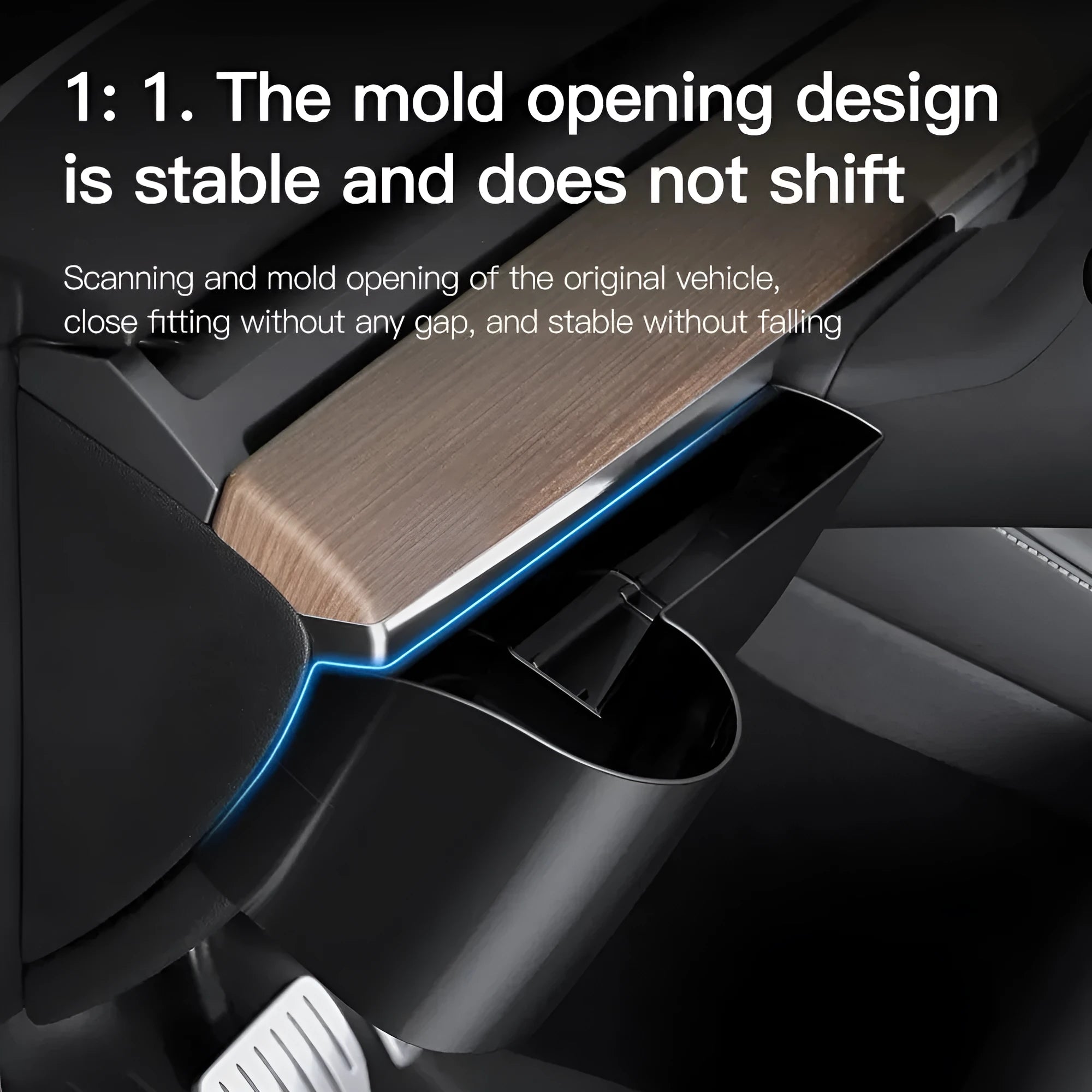 Plastic dashboard water cup holder for left-hand drive Tesla Model 3 and Model Y vehicles.