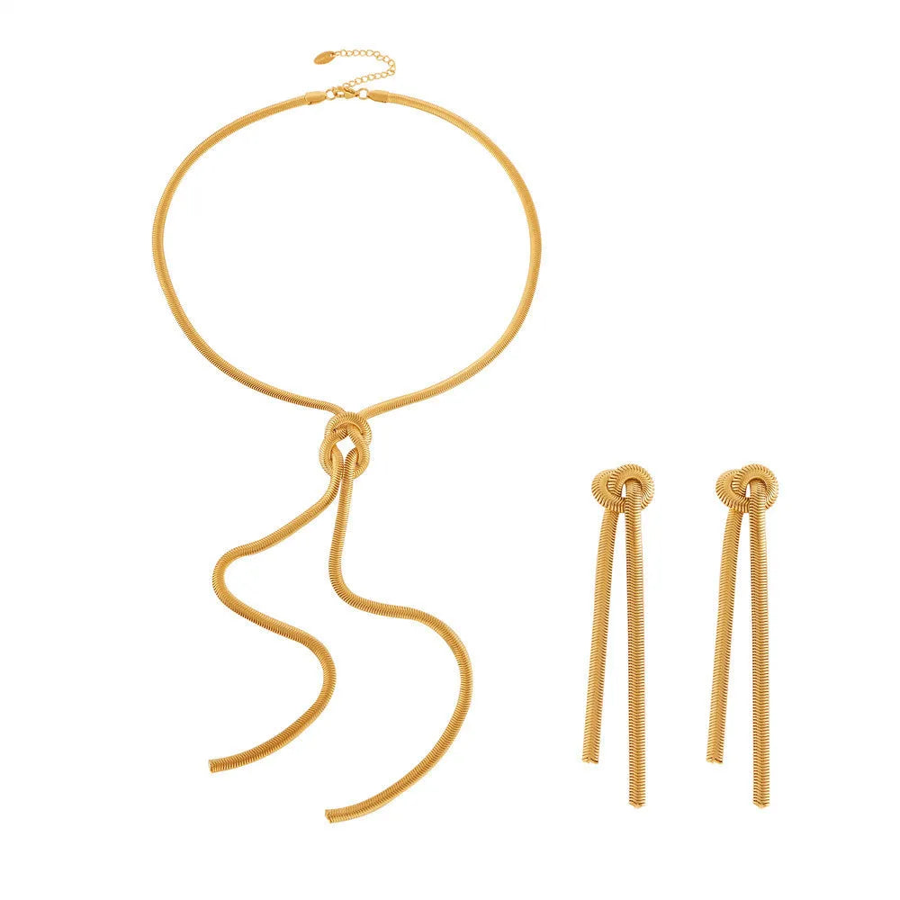 Gold knotted tassel pendant necklace with snake chain and matching earrings set