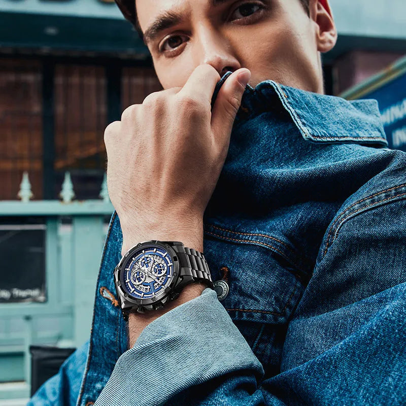 Men's waterproof quartz watch with luminous dial and stainless steel belt in casual style