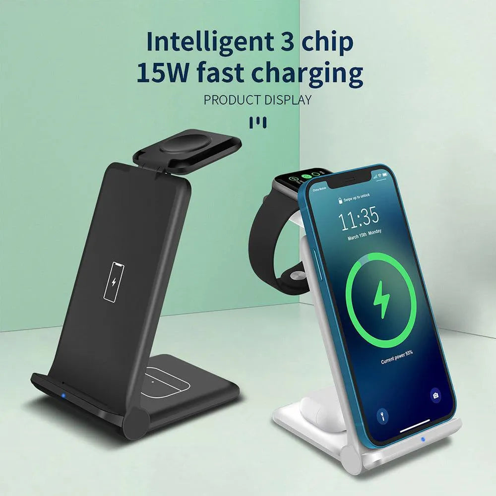 White 3-in-1 wireless charging station showing phone, Apple Watch and AirPods charging simultaneously.