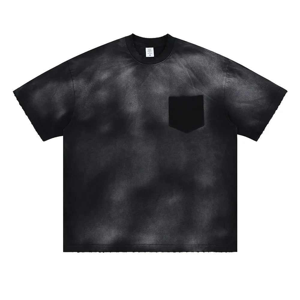 Black men's loose fit graphic t-shirt with drop shoulder sleeves on mannequin