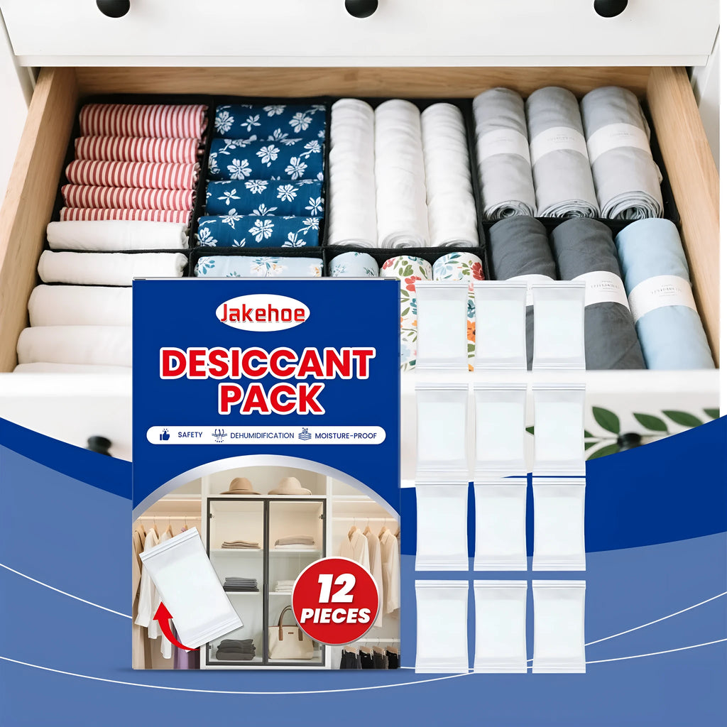 Pack of 12 calcium chloride anti-odor desiccant sachets for household moisture absorption.