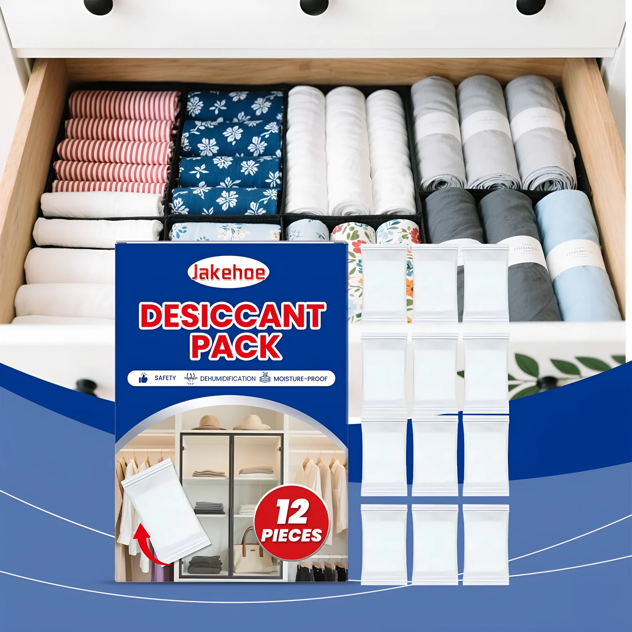 Pack of 12 calcium chloride anti-odor desiccant sachets for household moisture absorption.