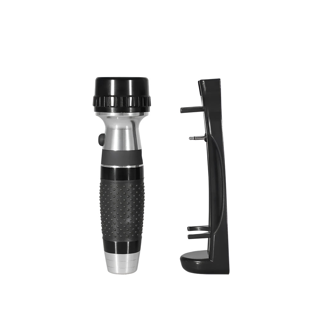 Rechargeable wall mounted black aluminium flashlight with 13 white LEDs on base