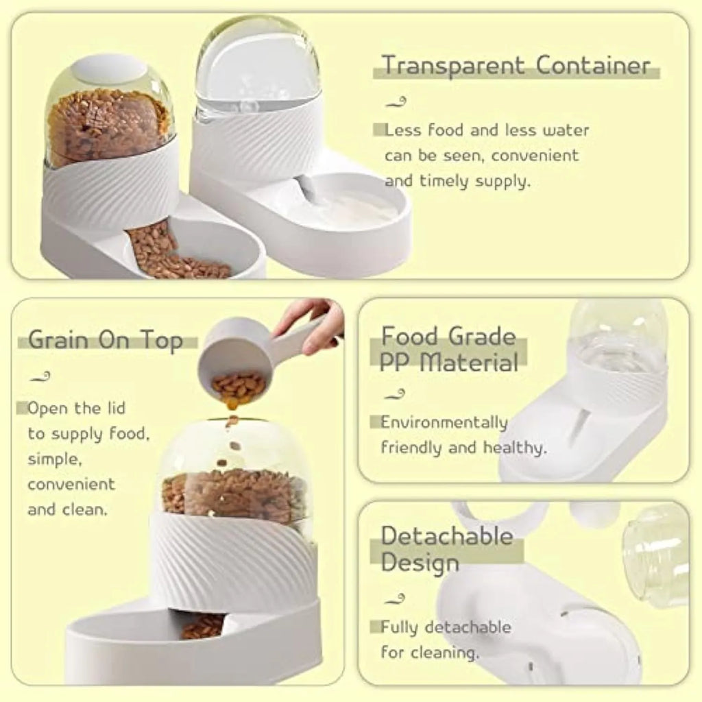 White automatic cat feeder and water dispenser set with wave-patterned shell.