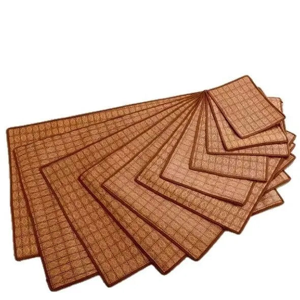 Brown rattan fibre dog cooling mat showing textured fabric and flat mat design