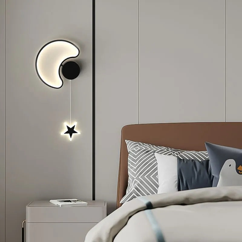Children's room wall lamp with five-pointed star and cloud design in white with left-facing cloud style and three-colour LED