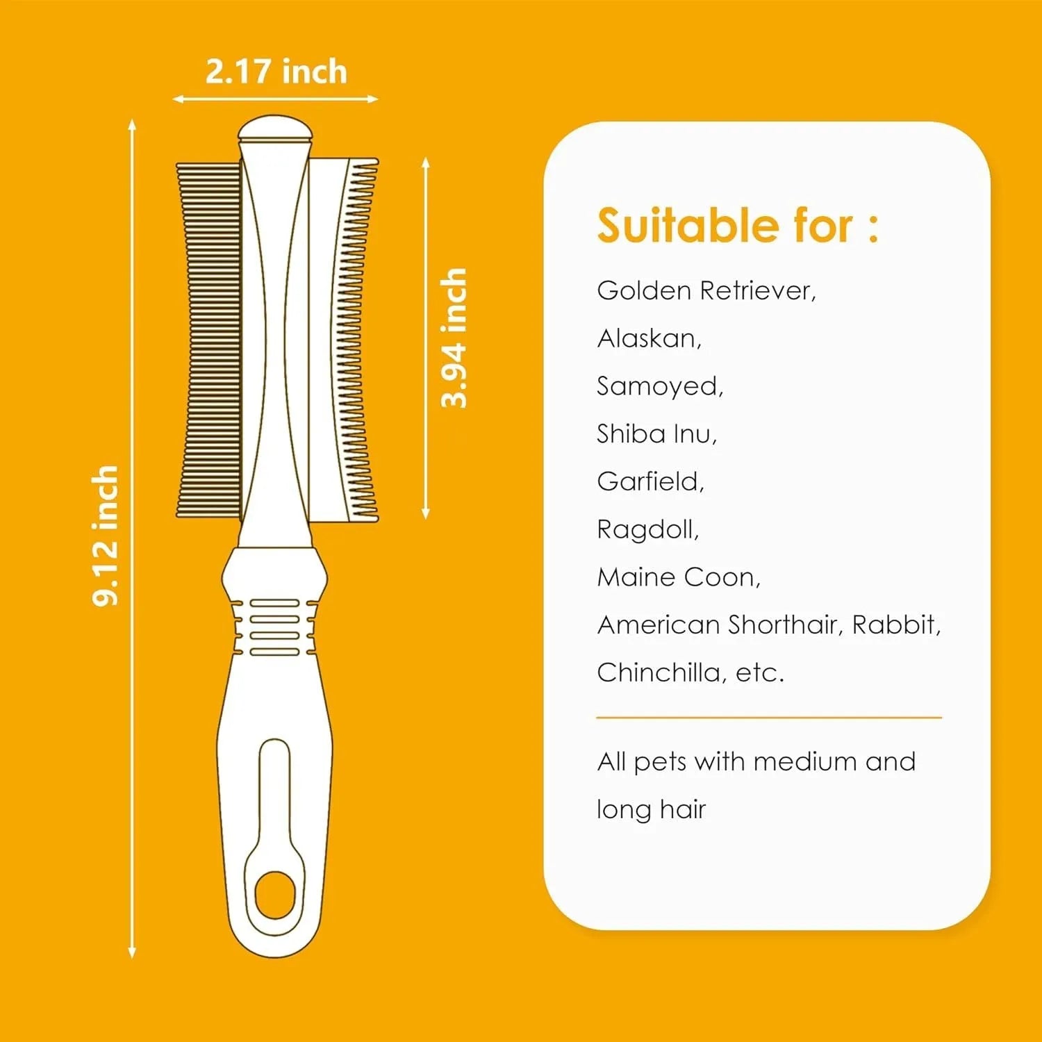 White double sided dog and cat deshedding brush with curved comb and ergonomic handle.