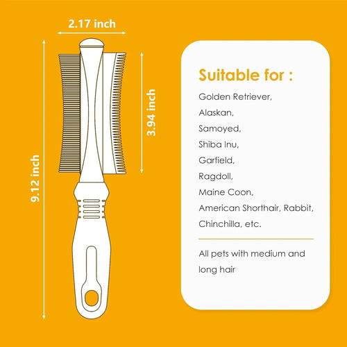 White double sided dog and cat deshedding brush with curved comb and ergonomic handle.