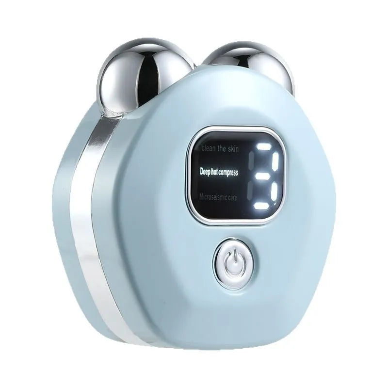 Portable white facial massage instrument with double-roller head for hot compress and micro current therapy.