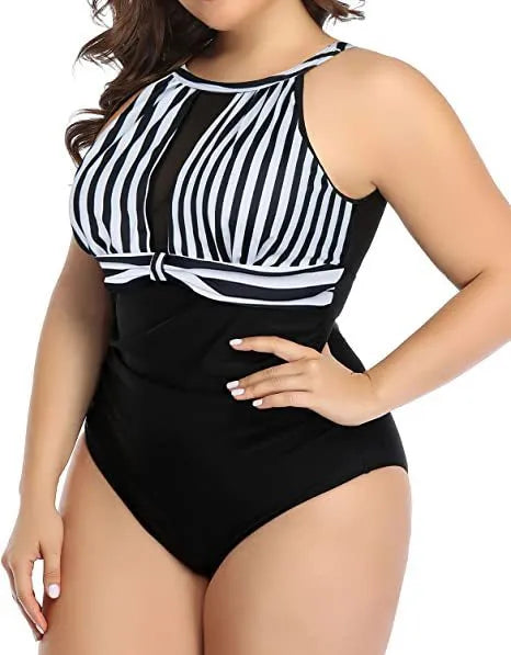 Women's black one-piece swimsuit with lace detailing on mannequin showing front and back views