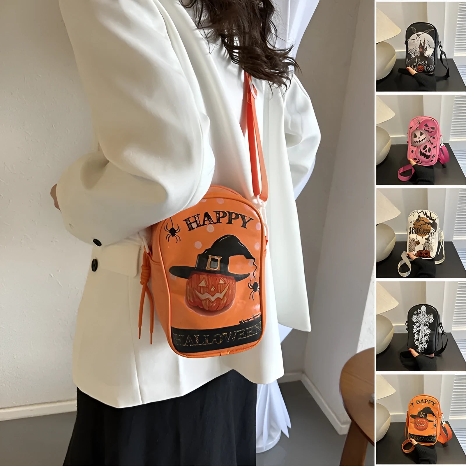 Halloween graffiti crossbody bag with pumpkin ghost bat cartoon prints in medium 14x23x9.5cm size