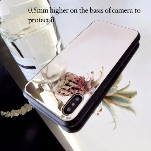 Black iPhone case with a square glass mirror on the back, compatible with iPhone X, 7 Plus, and 8 Plus.