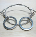 Stainless steel survival wire saw with thumb rings showing 55cm blade and compact storage size