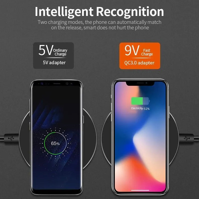 Black ultra-thin QI wireless fast charging pad with 98mm square dimensions and slim profile