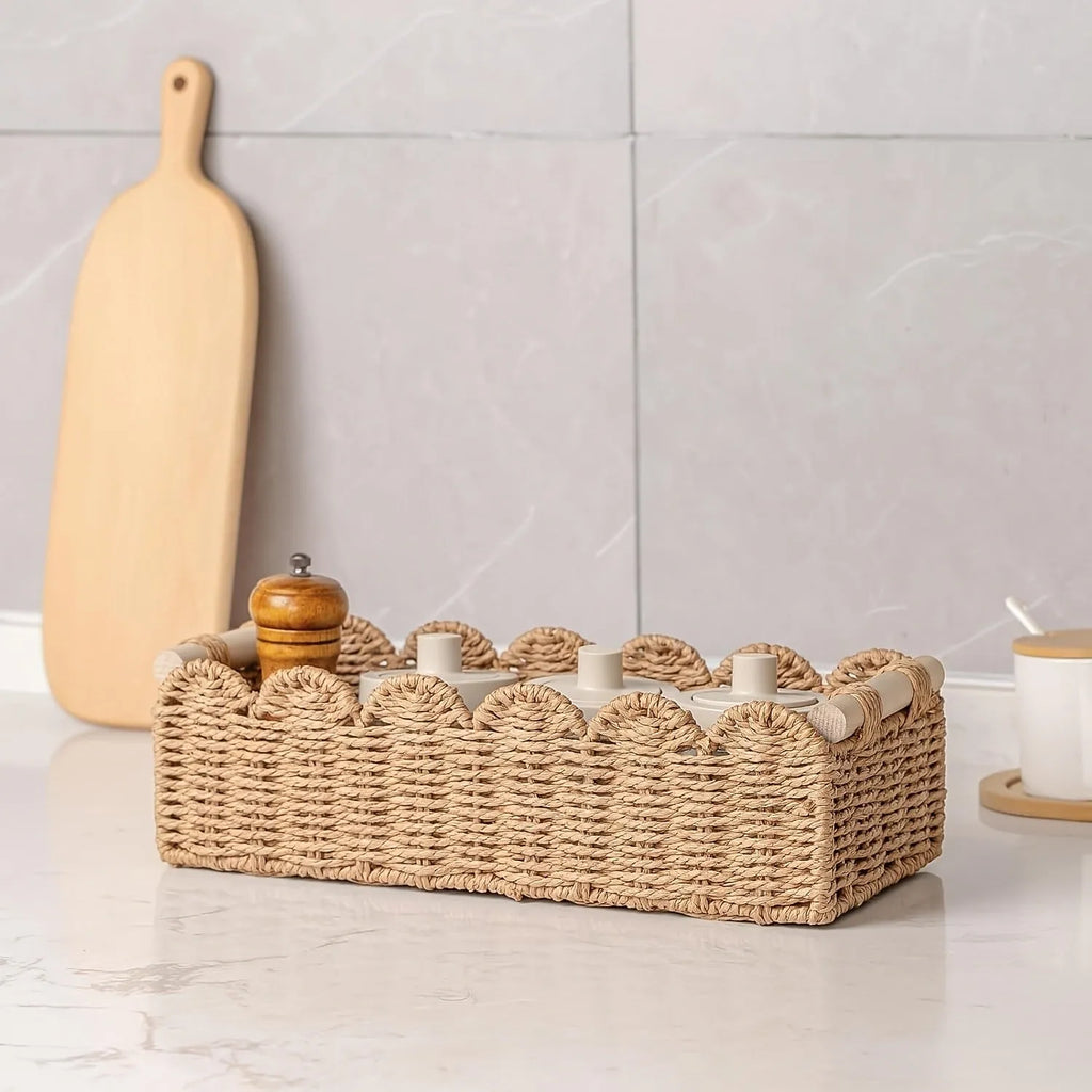 Woven paper storage basket measuring 35.5cm long for organising remote controls and stationery on desks