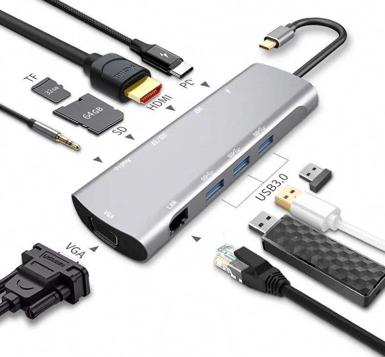 Grey USB-C docking station with aluminium alloy shell showing HDMI, VGA and USB ports