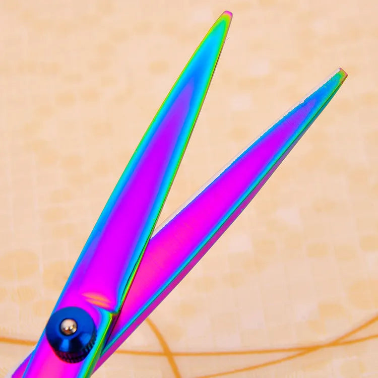 Set of three DCPET pet grooming scissors on bag: 7-inch curved, 6-inch flat, 6-inch tooth shear, 4CR steel, 17.5 cm, purple colour